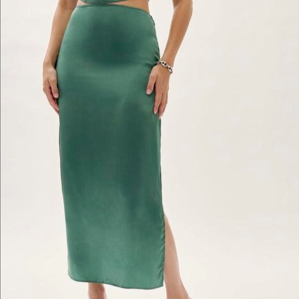 Reformation Bottle Green Pencil Midi Silk Skirt with Slit
